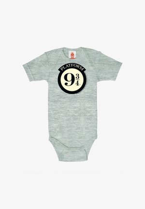 Gray baby onesie with black-and-white circular "Platform 9 3/4" logo centered on the front.