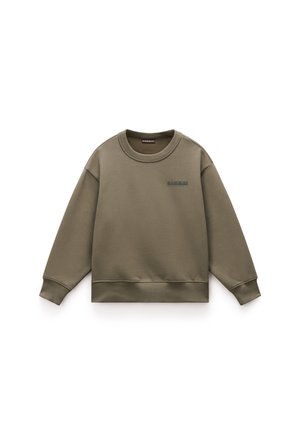 Sweatshirt vert olive en mélange de coton doux. Il présente un col rond, des manches longues et des bords côtelés au niveau des poignets et de l'ourlet. Détail logo discret sur la poitrine.