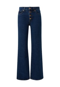 Donkerblauwe denim flared jeans met een hoge taille, voorzien van vijf bronzen knopen, voorzakken en gestructureerde hems.