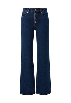 Jeans a campana di denim blu scuro con vita alta, caratterizzati da cinque bottoni in bronzo, tasche anteriori e orli strutturati.