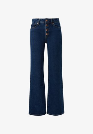 Donkerblauwe denim flared jeans met een hoge taille, voorzien van vijf bronzen knopen, voorzakken en gestructureerde hems.