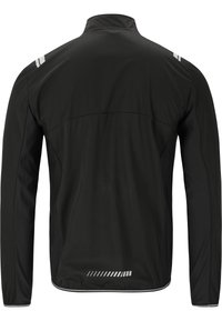 Zwarte sportjas met lange mouwen, hoge kraag en reflecterende accenten. Heeft een soepele textuur en een gestroomlijnd ontwerp.