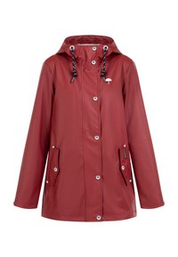 Impermeabile rosso con cappuccio, bottoni a pressione, due tasche frontali, accessori in argento e un piccolo logo di un ombrello bianco sul petto.