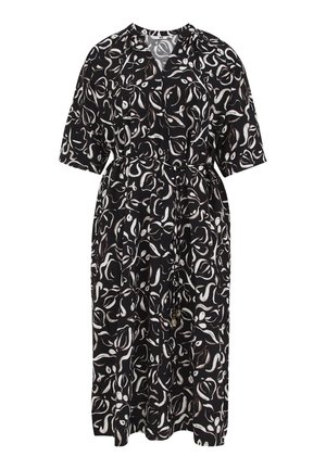 Abito midi nero con motivo floreale astratto bianco e grigio, maniche corte, scollo a V e cintura annodata in vita.