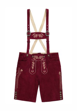 Lederhosen in suede bordeaux con bretelle beige, dettagli ricamati, tasche frontali e bottoni argentati sui lati.