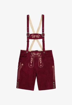 Lederhosen in suede bordeaux con bretelle beige, dettagli ricamati, tasche frontali e bottoni argentati sui lati.
