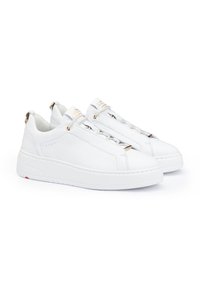 White leather sneakers with a smooth texture, rounded toe, and decorative gold accents. Thick white sole with slight tread detail.