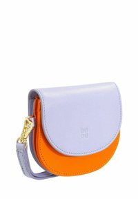 Leather wallet in lavender and orange, featuring a rounded flap, zipper closure, and a detachable strap. Gold hardware accent.