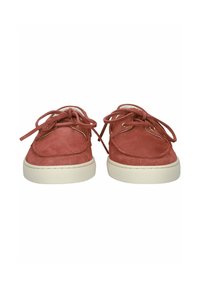 Pair of red suede casual shoes with white rubber soles and matching red laces, viewed from the front.