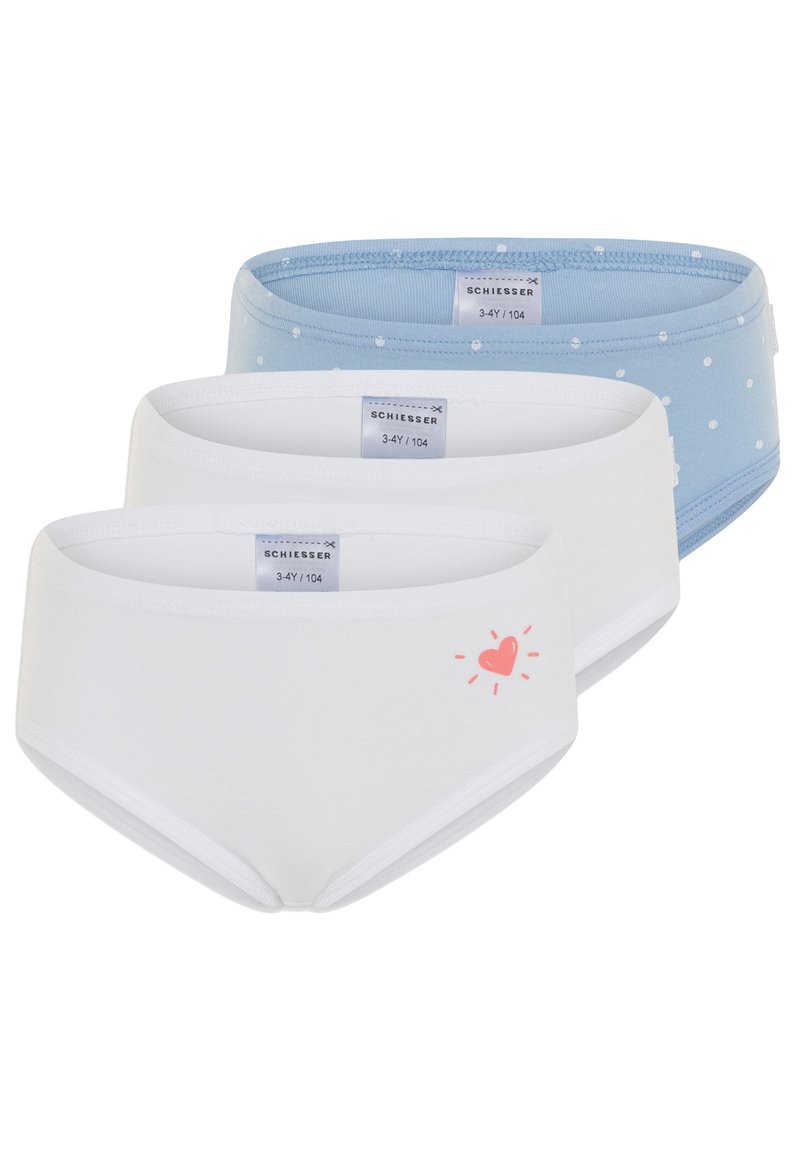 Drei Paare Kinderunterwäsche: weiß mit Herzdesign, hellblau mit weißen Punkten und schlicht hellblau. Aus Baumwollmaterial, mit dehnbarem Schnitt.