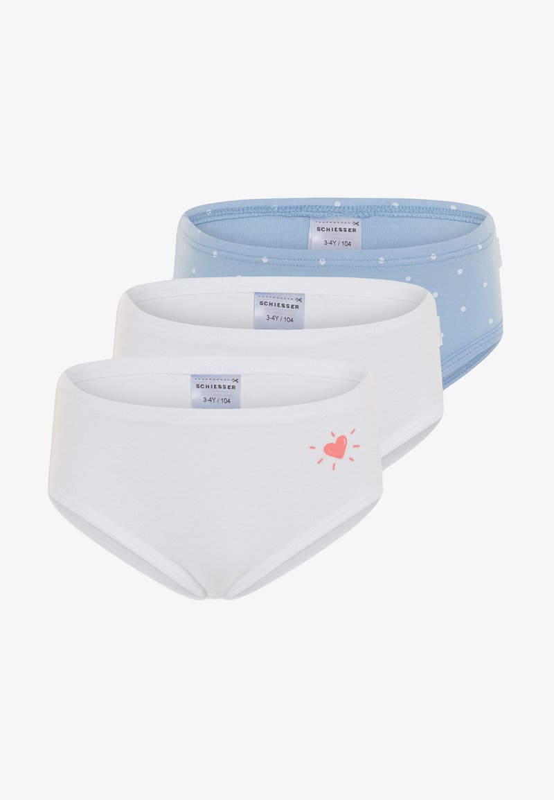Drei Paare Kinderunterwäsche: weiß mit Herzdesign, hellblau mit weißen Punkten und schlicht hellblau. Aus Baumwollmaterial, mit dehnbarem Schnitt.