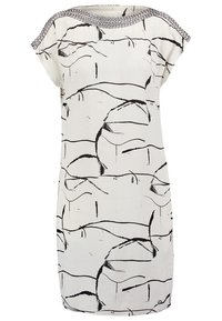 Abito bianco con linee wavy astratte nere. Maniche corte, scollatura rotonda con bordatura intrecciata testurizzata. Tessuto leggero, vestibilità ampia.