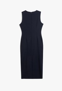 Marineblaues ärmelloses Kleid mit einer figurbetonten Silhouette, ausgestattet mit einem Reißverschluss auf der Rückseite und einem knielangen Design. Glatter Stoff mit keiner Musterung.