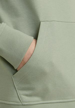 Light green sweatshirt featuring a ribbed cuff and a front pocket, with a smooth texture and clean seams. Simple, casual design.