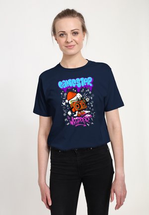 Navy cotton t-shirt featuring a cartoon character with a camera, text "Gangster Wrapper" in vibrant purple and pink, with splashes of white.