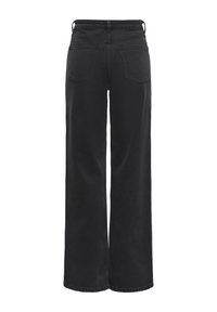 Jean noir à jambes larges avec taille haute, avec poches arrière et passants de ceinture, vu de dos sur fond blanc.