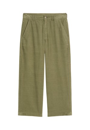 Pantalons large en lin de couleur vert olive, dotés de deux poches avant, d'une fermeture à bouton et d'un tissu texturé. Les finitions de l'ourlet sont nettes et simples.