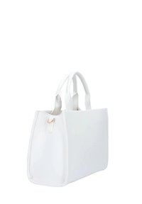 Borsa tote bianca con un design strutturato, materiale in ecopelle liscia, doppi manici e una finitura dorata sulla cerniera.