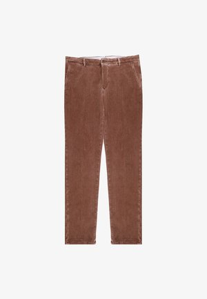 Braune Cordhosen mit geradem Schnitt, Reißverschluss und Knopfverschluss, vertikalen Rillen und Seitentaschen.