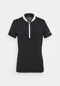 Jersey de ciclismo negro de manga corta con cuello blanco de media cremallera, tejido transpirable y paneles laterales en contraste para una mejor ventilación.