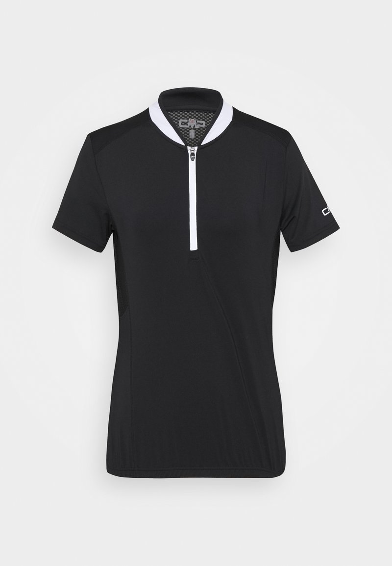 Jersey de ciclismo negro de manga corta con cuello blanco de media cremallera, tejido transpirable y paneles laterales en contraste para una mejor ventilación.