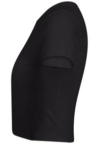 T-shirt noir à manches courtes et col rond, vu de côté avec un tissu lisse et un design simple.