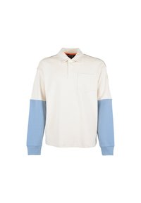 Lange mouwen polo shirt in crème met lichtblauwe mouwen. Heeft een klassieke kraag en een borstzak; katoenen stof met een gladde afwerking.