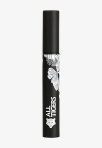Tube de mascara noir avec un motif floral blanc et le texte "ALL TIGERS" accompagné d'un graphique de tigre, design cylindrique épuré, texture mat.
