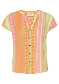 Blusa a maniche corte con scollo a V, caratterizzata da un motivo a righe multicolore in arancione, rosa, verde e beige. Chiusura frontale con bottoni e design testurizzato.