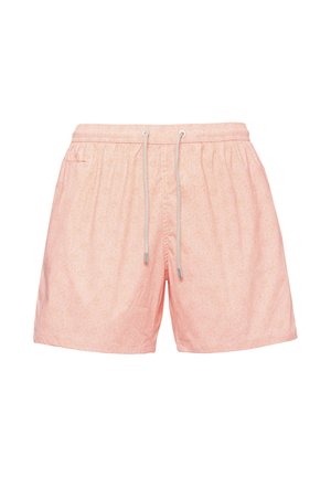 Costume da bagno uomo rosa chiaro con motivo floreale discreto, vita elasticizzata e coulisse bianca.