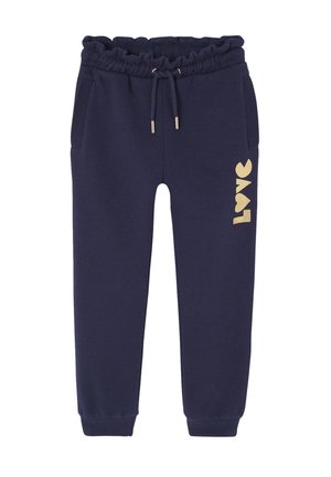 Navy blue jogger pants with elastic waist and cuffs, drawstring, side pockets, and gold "LOVE" text with heart shapes on right leg.
