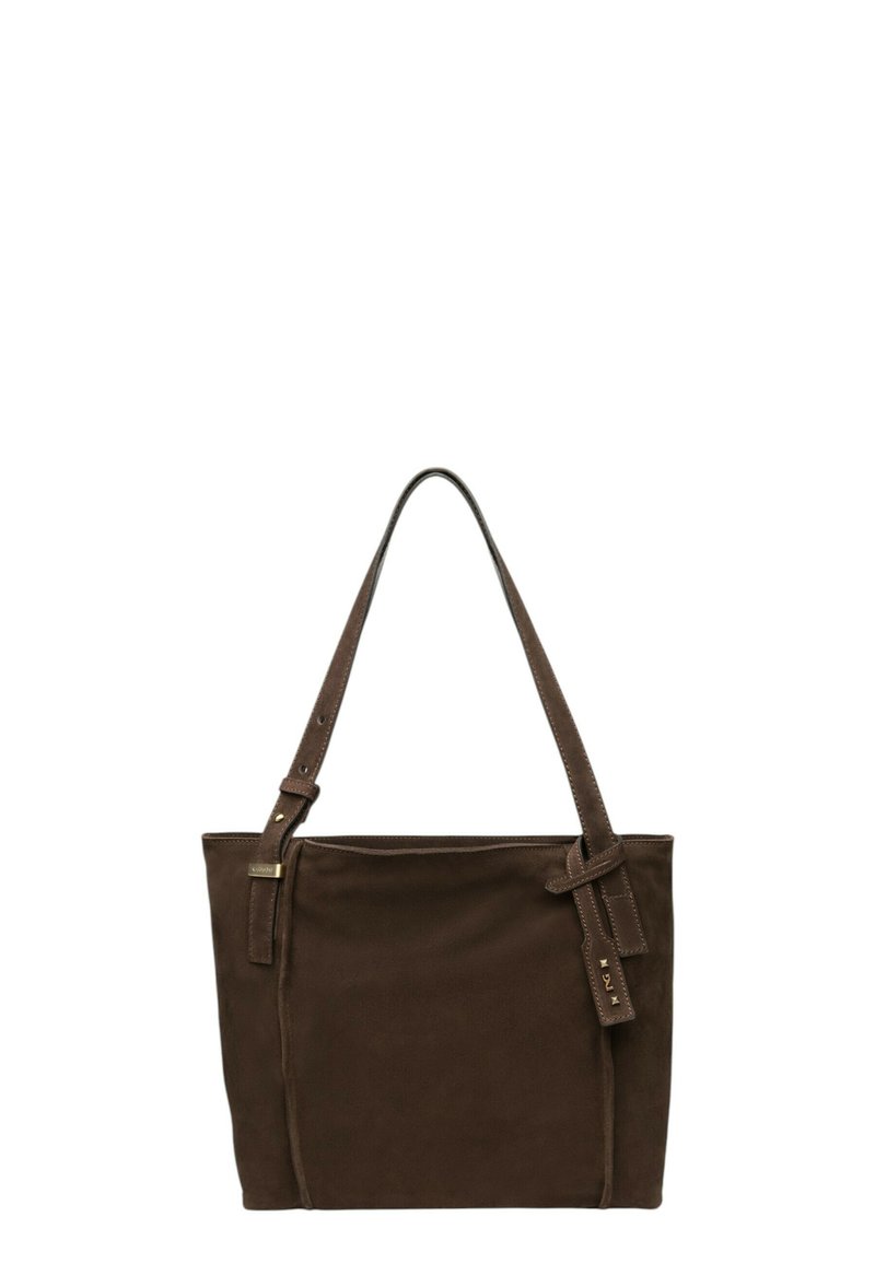 Borsa a mano in camoscio marrone con due manici robusti, caratterizzata da dettagli cuciti. Design spazioso con una texture liscia e una sottile lucentezza.