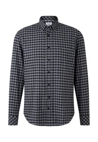 Marineblauwe en grijze geblokte overhemd met lange mouwen, voorzien van een button-down kraag en een afgeronde onderkant, gemaakt van een zachte, gestructureerde stof.