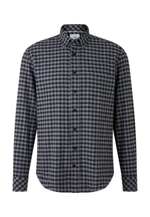 Námořnická a šedá kostkovaná košile s dlouhým rukávem a límcem na knoflíky, s zakulaceným spodním lemem, vyrobená z jemné strukturované tkaniny.