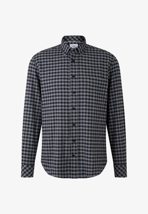 Granatowa i szara, w kratę, longsleeve koszula z kołnierzykiem na guziki oraz zaokrąglonym dołem, wykonana z miękkiego, teksturowanego materiału.