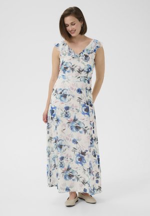 Floral maxi dress featuring a white base with blue and pink flowers, ruffled shoulder details, and a smooth, flowing fabric.