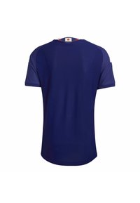 Herrsporttröja i mörkblått, kortärmad, med ett strukturerat mönster på ryggen och kontrasterande halsringning och axeldetaljer.