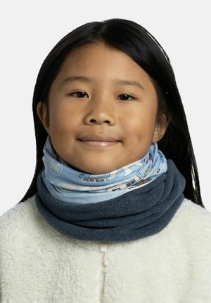 Light blue neck gaiter featuring polar bear designs, layered with a dark blue fleece outline. Soft texture enhances warmth and comfort.