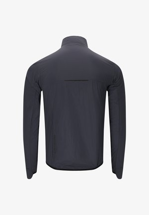 Miesten tumma harmaa kevyt takki, pitkät hihat, korkea kaulus, sileä pinta, takaosassa musta heijastava nauha ja logo-yksityiskohta sivussa.