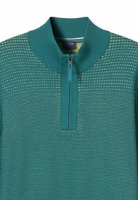 Teal knitted pullover with zip collar, featuring a textured pattern and contrasting light accents. Fabric is soft with a breathable feel.