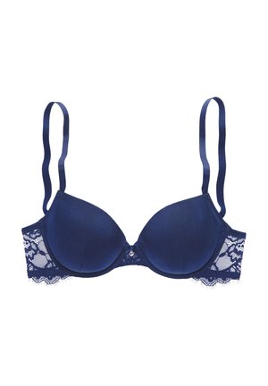 Marineblauwe gewatteerde bh met gladde stofcups, kantafwerking aan de zijkanten, verstelbare bandjes en een kleine decoratieve edelsteen in het midden.
