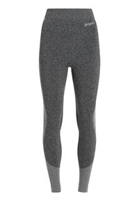 Leggings atletici grigi con finitura strutturata, dotati di un alto corpetto e pannelli in rete a contrasto lungo la parte inferiore delle gambe. Logo del brand sul corpetto.