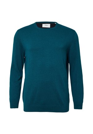 Tuerkisfarbener Pullover mit langen Ärmeln und rundem Ausschnitt, aus weichem Stoff, mit gerippten Bündchen und Saum sowie dezentem Logo-Detail auf der Brust.