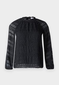 Maglietta nera a maniche lunghe con colletto alto, caratterizzata da un motivo testurizzato e tessuto trasparente, che aggiunge profondità e dettagli al design complessivo.