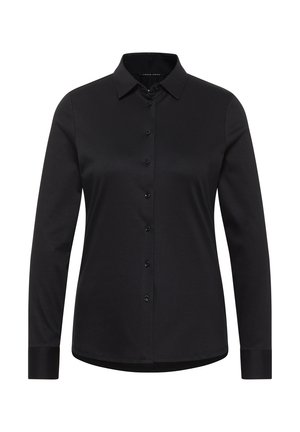 Chemise noire à manches longues en tissu lisse, dotée d'un col classique, d'une fermeture à boutons et de poignets boutonnés, offrant une silhouette ajustée.