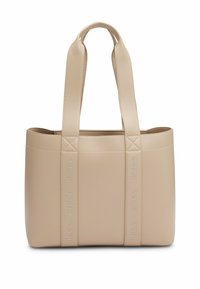 Beige huopakkokangas olkalaukku, jossa on tikatut yksityiskohdat, kaksoiskahvat ja kohokuvioitu "HUGO"-logo sivuilla. Suorakulmainen muoto, jossa on sileä pinta.