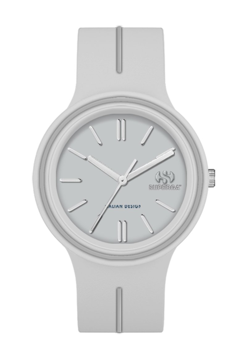 Pilkas silikono laikrodis su apvaliu ciferblatu, minimalistiniu dizainu, valandos žymėjimais ir elegantiškomis valandų bei minučių rodyklėmis. Mėlynai parašyta "Italian Design".