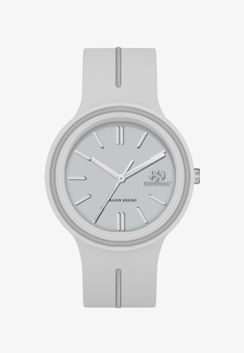 Pilkas silikono laikrodis su apvaliu ciferblatu, minimalistiniu dizainu, valandos žymėjimais ir elegantiškomis valandų bei minučių rodyklėmis. Mėlynai parašyta "Italian Design".