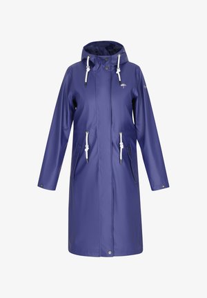 Fioletowa wodoodporna kurtka przeciwdeszczowa z kapturem, regulowanymi sznurkami, dwoma bocznymi kieszeniami i zapięciem na zatrzaski przy mankietach. Gładka, błyszcząca faktura.