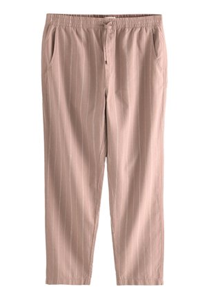 Pantaloni in tessuto rosa chiaro traspirante con righe verticali bianche, vita elasticizzata e due tasche laterali.